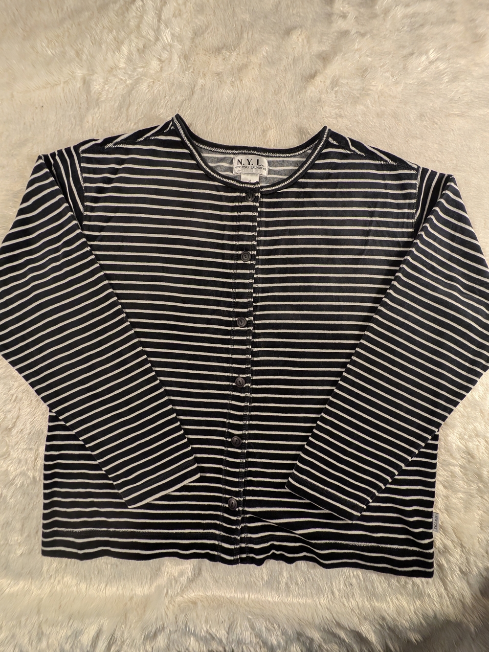 VTG New York Laundry Black and White Velour Striped Button-Front Cardigan *READ*